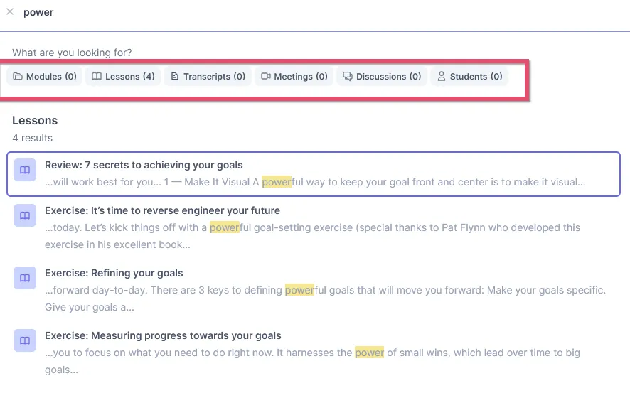 Course search results interface